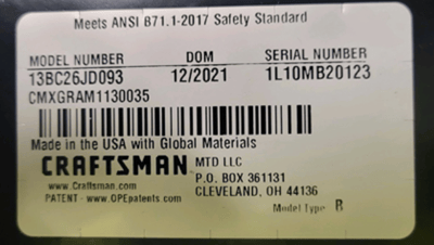 The model and serial number is located on a model plate label on the bottom of the seat pan